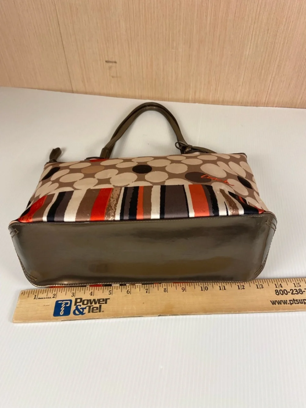 Coach Polka Dot Stripe Tote Satin Scarf Print Leather Trim Red Lining Rare - Picture 4 of 16